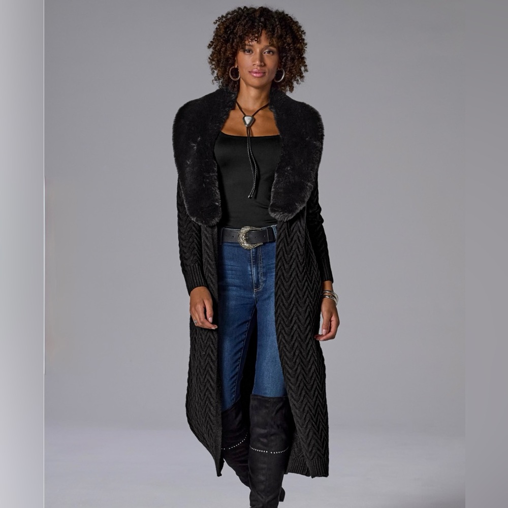 Black Faux Fur Collar Sweater Duster
